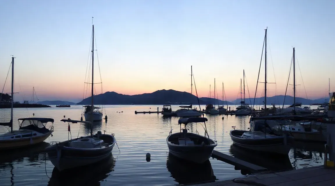 夕暮れの空の下、シルエットになった帆船と小舟